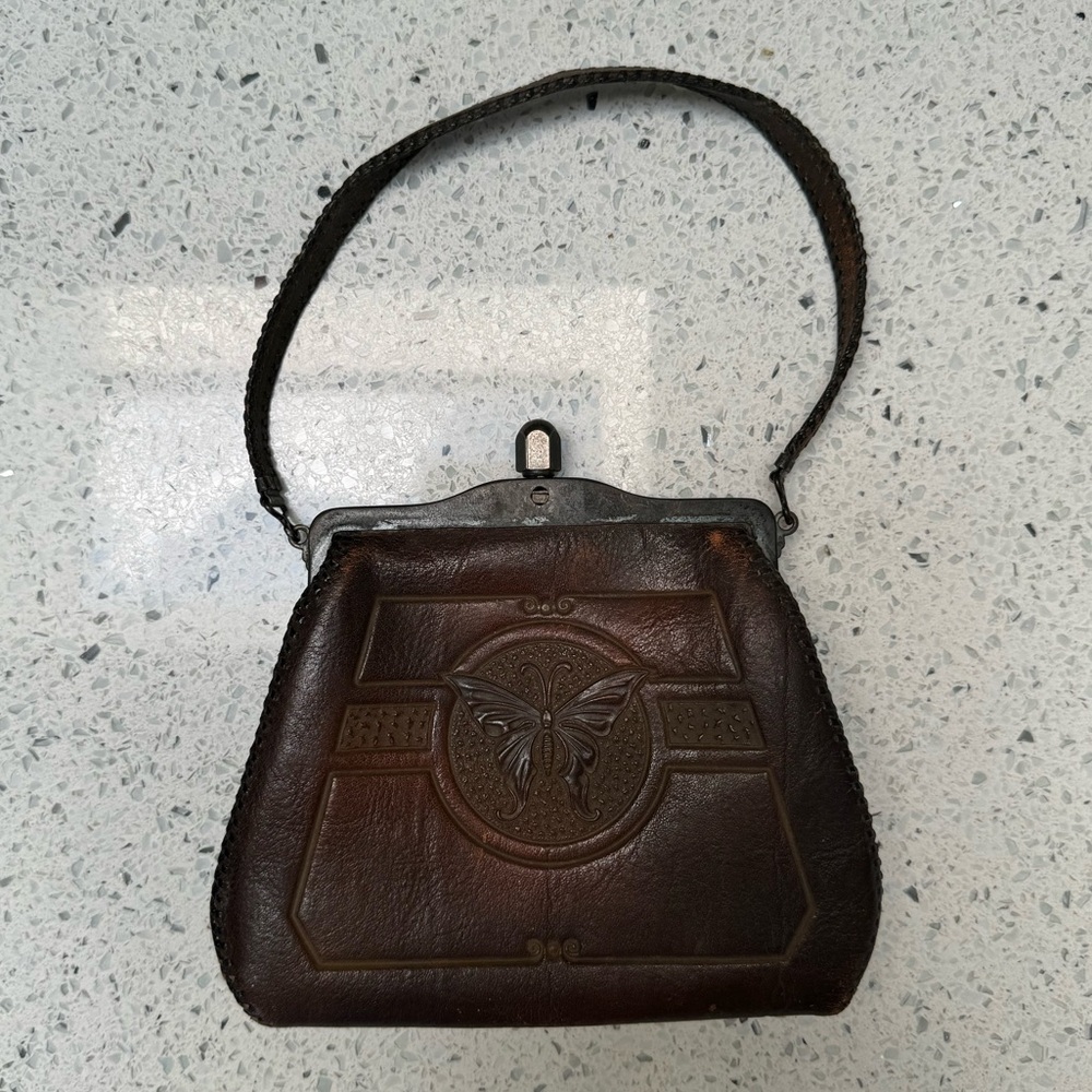 Vintage Antique Art Deco Tooled Leather Butterfly  purse Bag Turnloc Latch